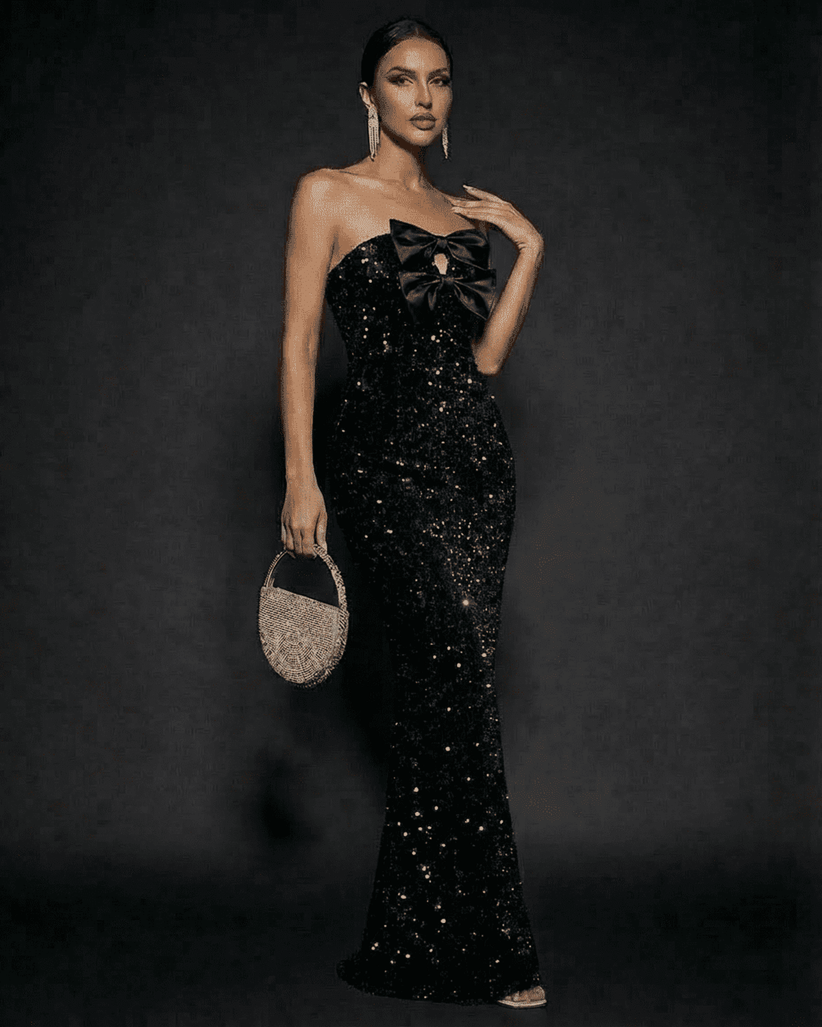 Noir Maxi Dress by SLIMONA, elegant strapless sequin gown with satin bows, perfect for evening events.