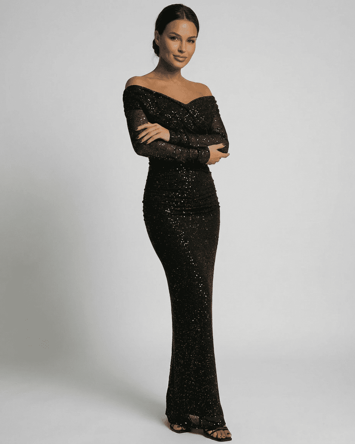 Noir Maxi Dress by SLIMONA - Elegant off-the-shoulder mesh gown with sequins for evening elegance.