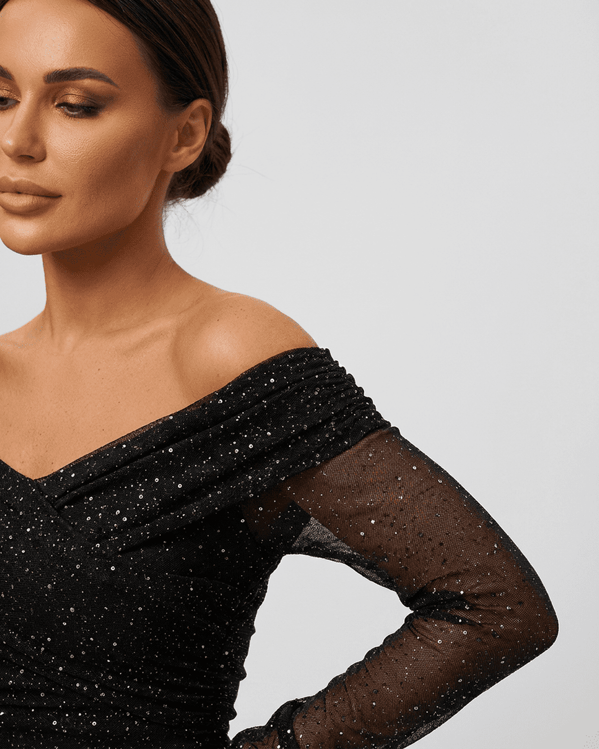 Noir Maxi Dress by SLIMONA featuring off-the-shoulder design and sheer sequined sleeves for a glamorous look.