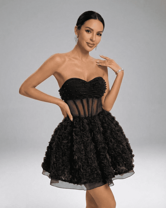 Noir Mini Dress by SLIMONA - Strapless puff mini dress with beaded texture and 3D floral detail.