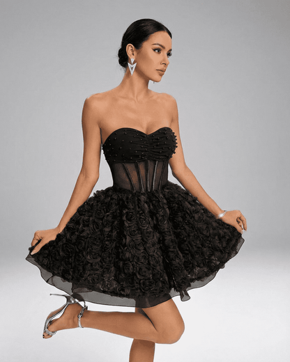 Noir Mini Dress by SLIMONA - Strapless puff mini featuring 3D floral texture and beaded details for a striking look.