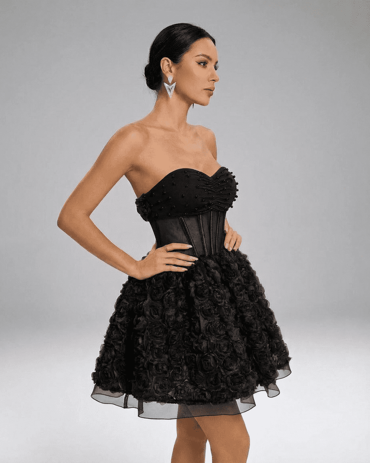 Noir Mini Dress by SLIMONA, Beaded Strapless Puff Mini with 3D Floral Texture and elegant corset-style silhouette.