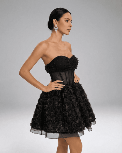Noir Mini Dress by SLIMONA, Beaded Strapless Puff Mini with 3D Floral Texture and elegant corset-style silhouette.