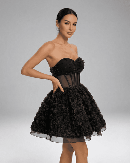 Noir Mini Dress by SLIMONA — Strapless puff mini with 3D floral texture and beaded bodice for a chic look.