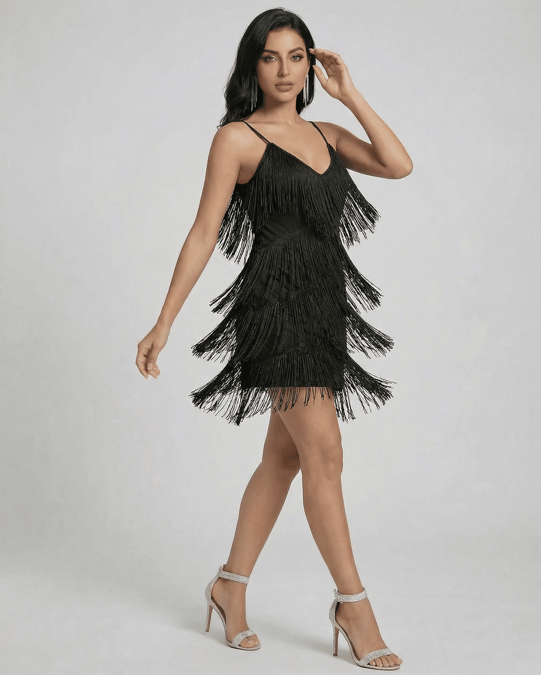 Noir Mini Dress by SLIMONA, featuring layered fringe detailing and a sleek V-neck silhouette for a modern look.