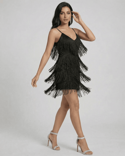 Noir Mini Dress by SLIMONA, featuring layered fringe detailing and a sleek V-neck silhouette for a modern look.