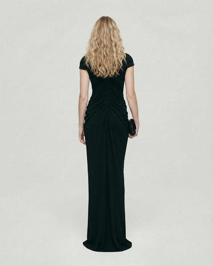 Noiré Maxi Dress by Lauven, showcasing the back view of a black evening maxi dress with ruched detail.