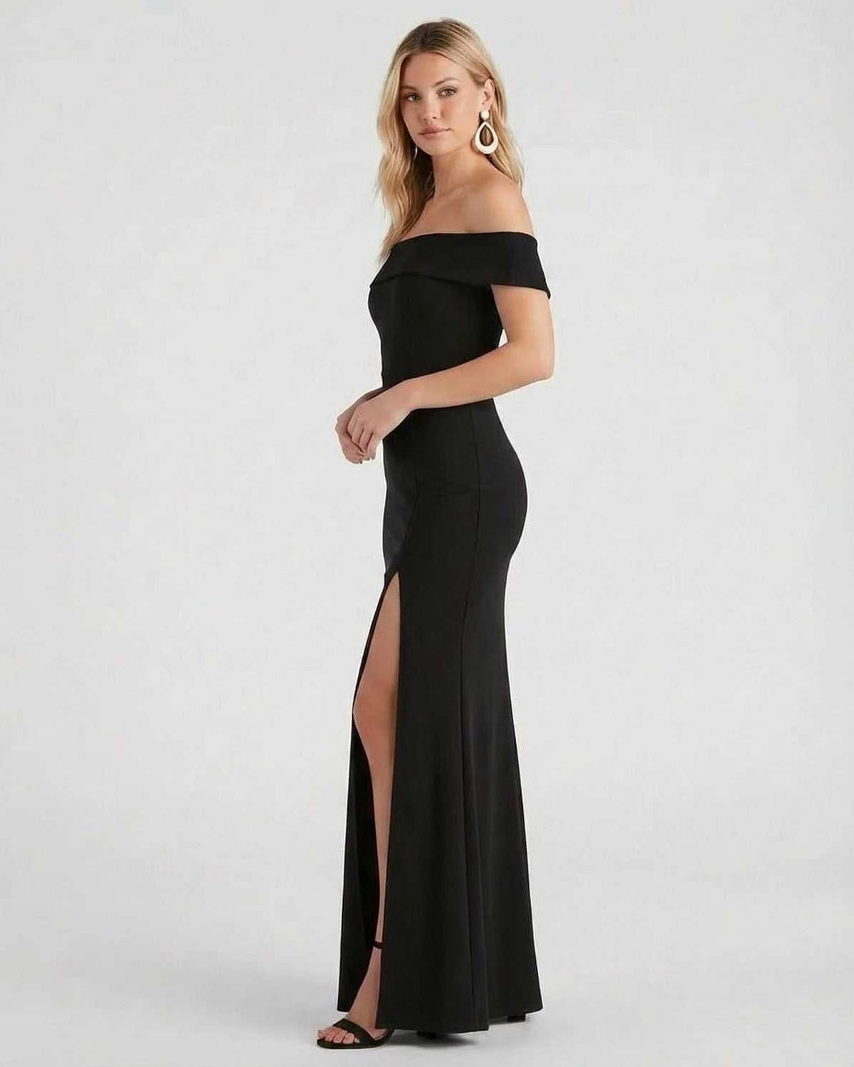 Noiré Maxi Dress by SLIMONA - Elegant off shoulder black crepe maxi with side slit for formal wear.
