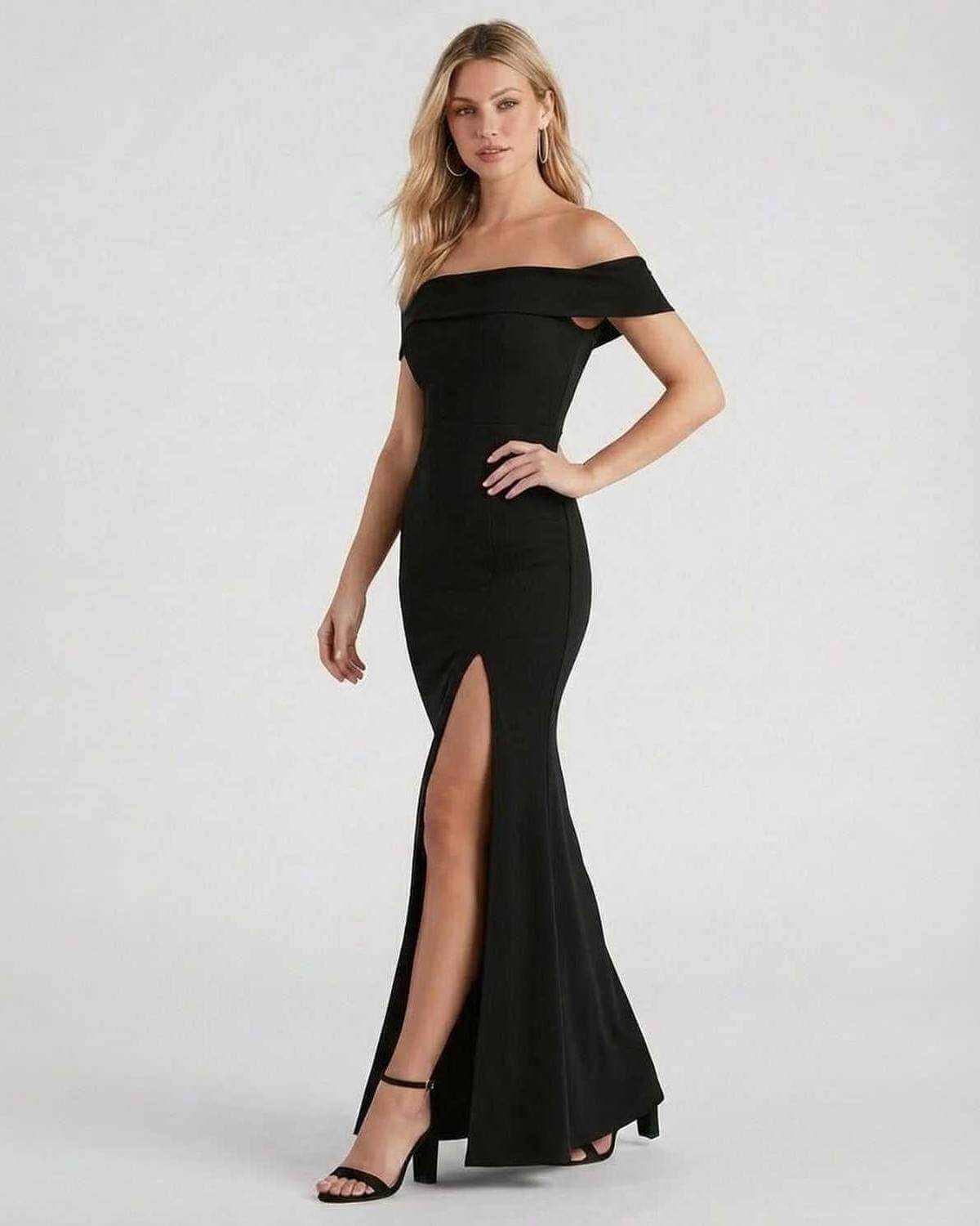 Noiré Maxi Dress by SLIMONA – Off shoulder black crepe maxi dress with side slit for elegant evening wear.