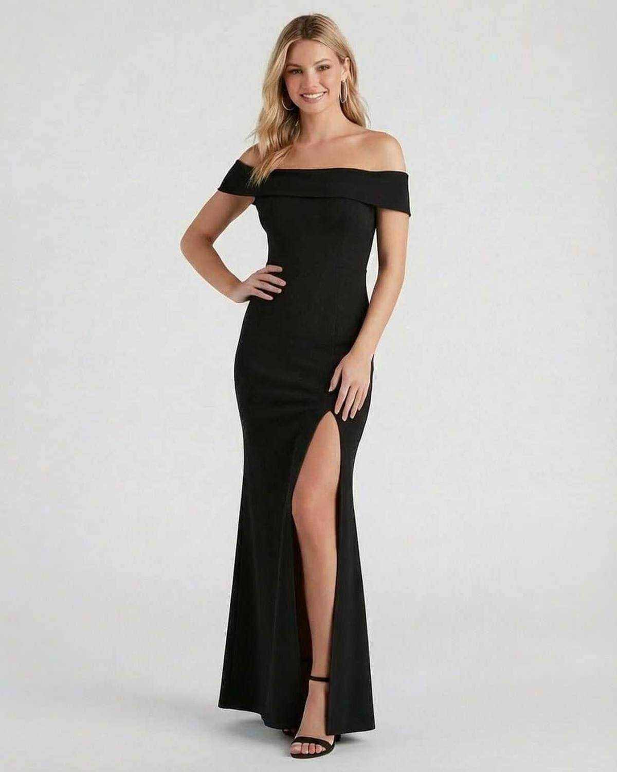 Noiré Maxi Dress by SLIMONA - Off shoulder black crepe maxi dress with side slit, perfect for formal occasions.