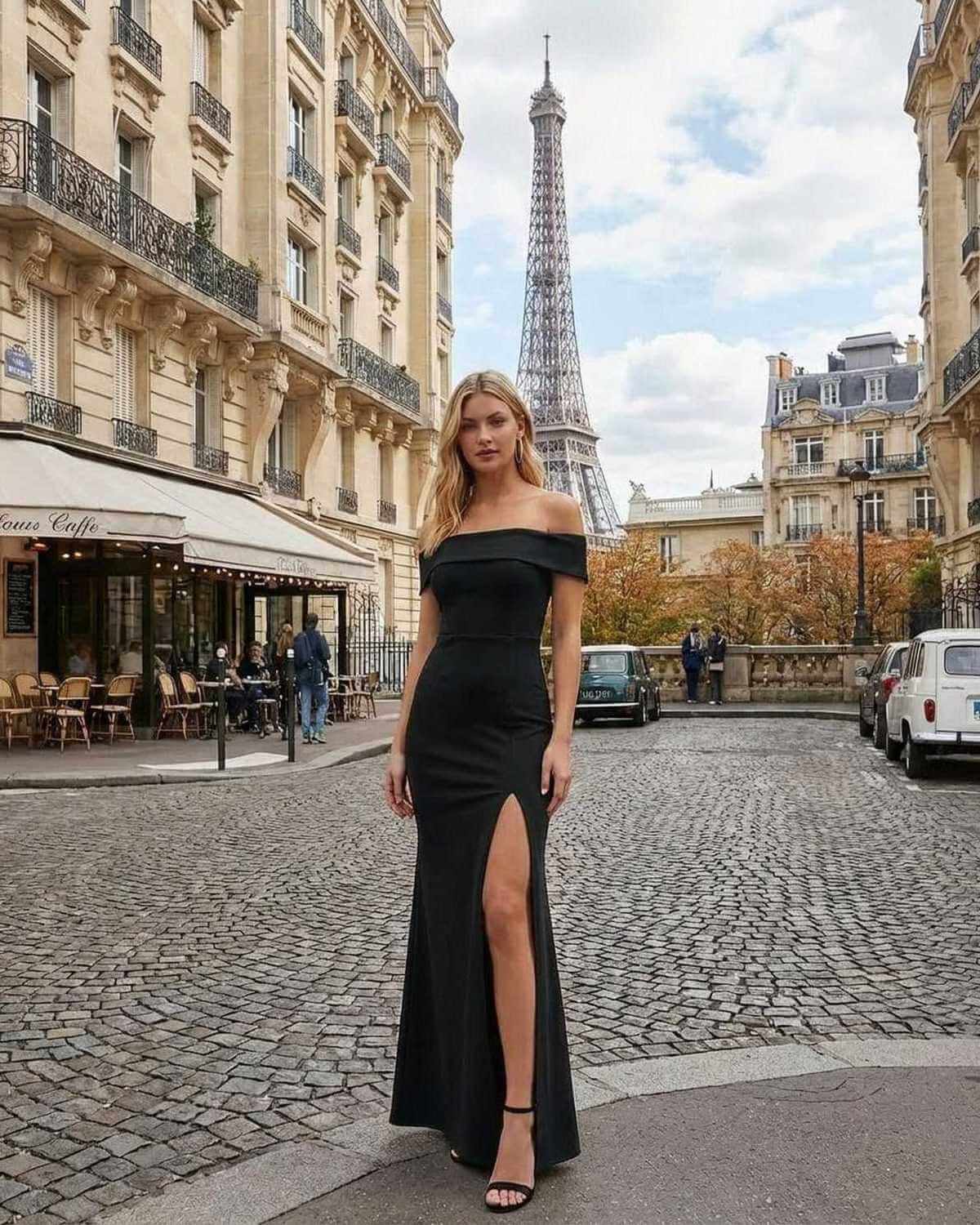 Noiré Maxi Dress - Off Shoulder Black Crepe Maxi Dress with Side Slit by SLIMONA in Paris