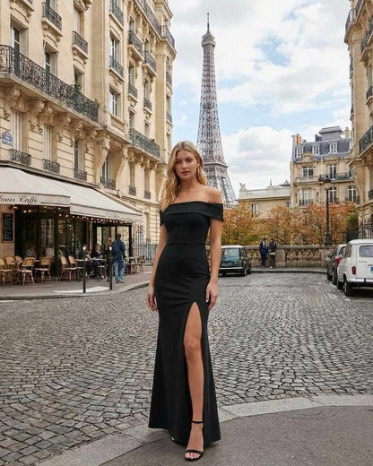 Noiré Maxi Dress - Off Shoulder Black Crepe Maxi Dress with Side Slit by SLIMONA in Paris