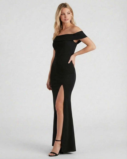 Noiré Maxi Dress by SLIMONA - Elegant off shoulder black crepe maxi dress with side slit.