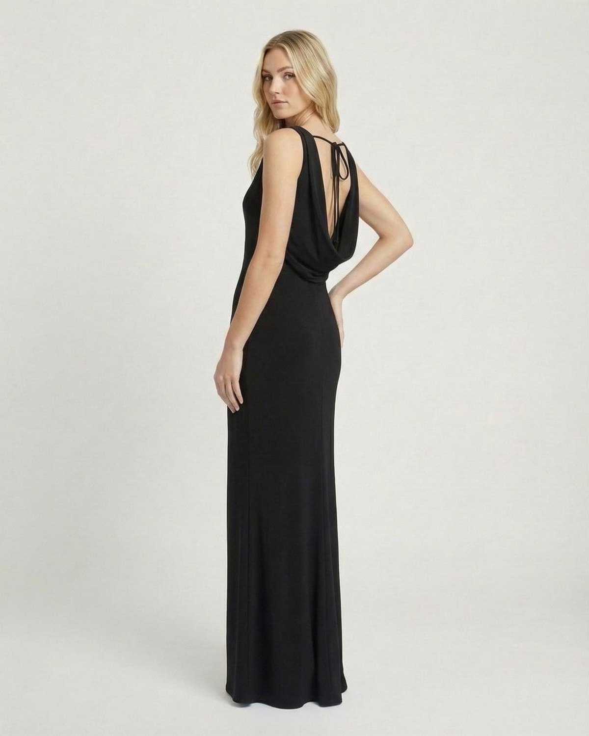 Noiré Maxi Dress by SLIMONA in black, showcasing a cowl neck and elegant back design for a sophisticated look.