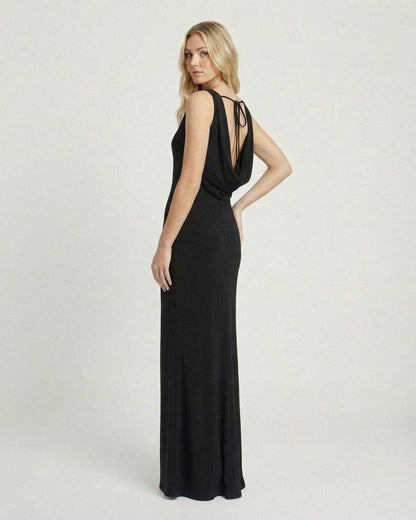 Noiré Maxi Dress by SLIMONA in black, showcasing a cowl neck and elegant back design for a sophisticated look.