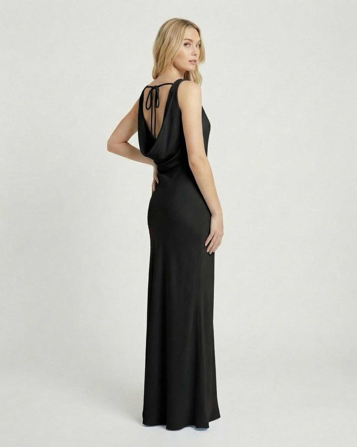 Noiré Maxi Dress by SLIMONA, showcasing a sleek satin-effect design with a cowl neck and open back.