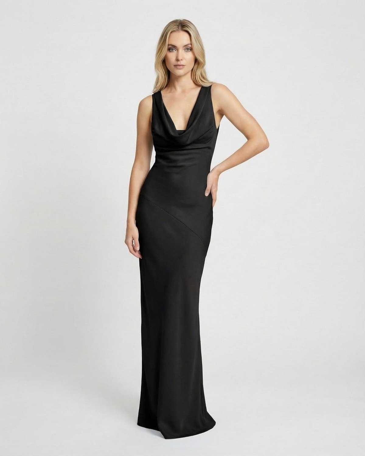 Satin-Effect Noiré Maxi Dress by SLIMONA featuring a draped cowl neckline and sleek bodycon silhouette.