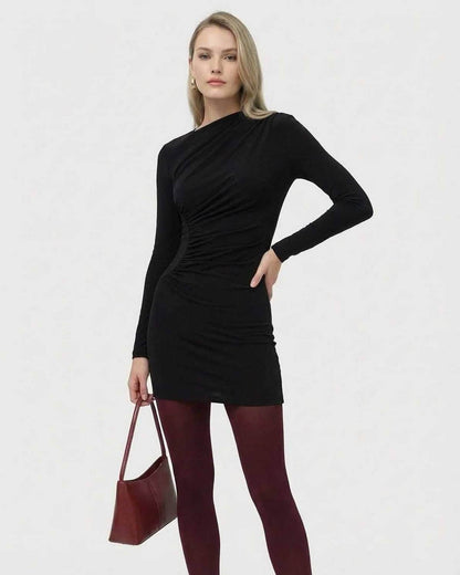 Noiré Mini Dress by SLIMONA - Long sleeve bodycon mini dress featuring high waist and applique detail.