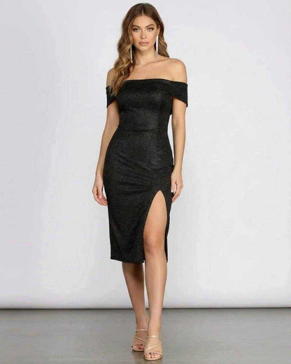 Noirelle Midi Dress by SLIMONA, off shoulder glitter midi dress with thigh-high slit for elegant occasions.