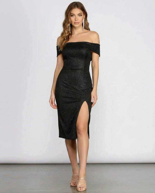 Noirelle Midi Dress by SLIMONA, off shoulder glitter midi dress with thigh-high slit for elegant occasions.