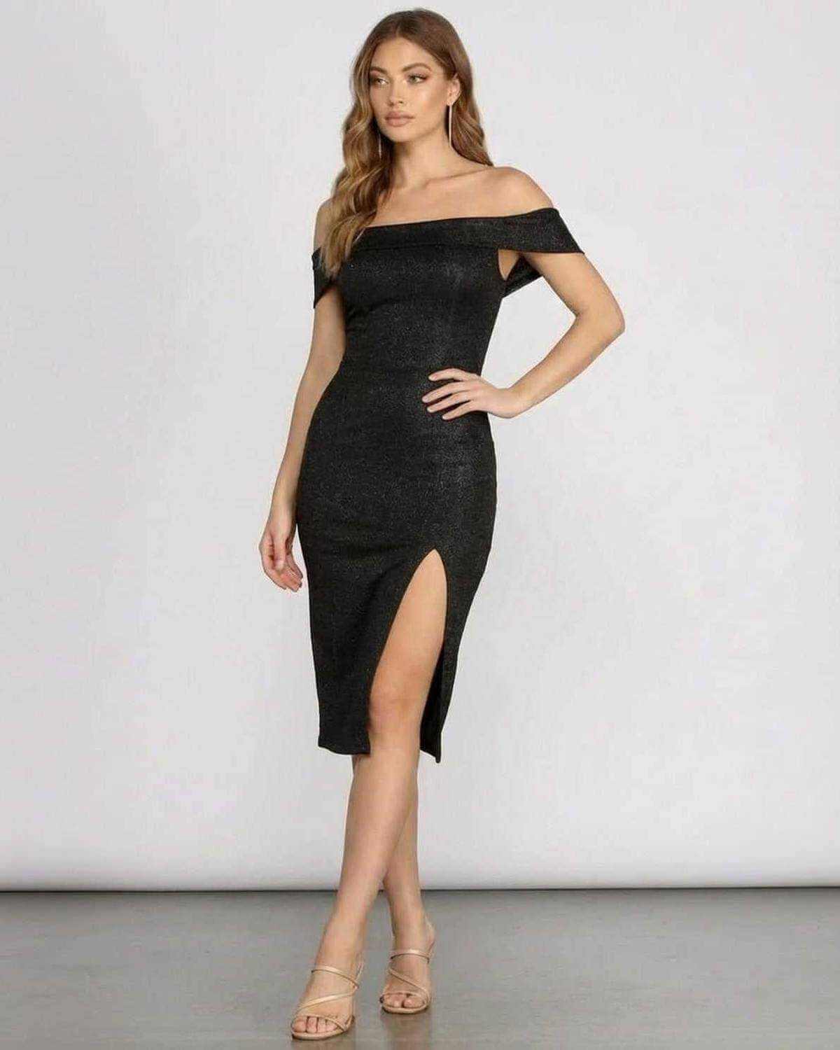 Noirelle Midi Dress by SLIMONA - Off shoulder glitter midi dress with slit, perfect for special occasions.