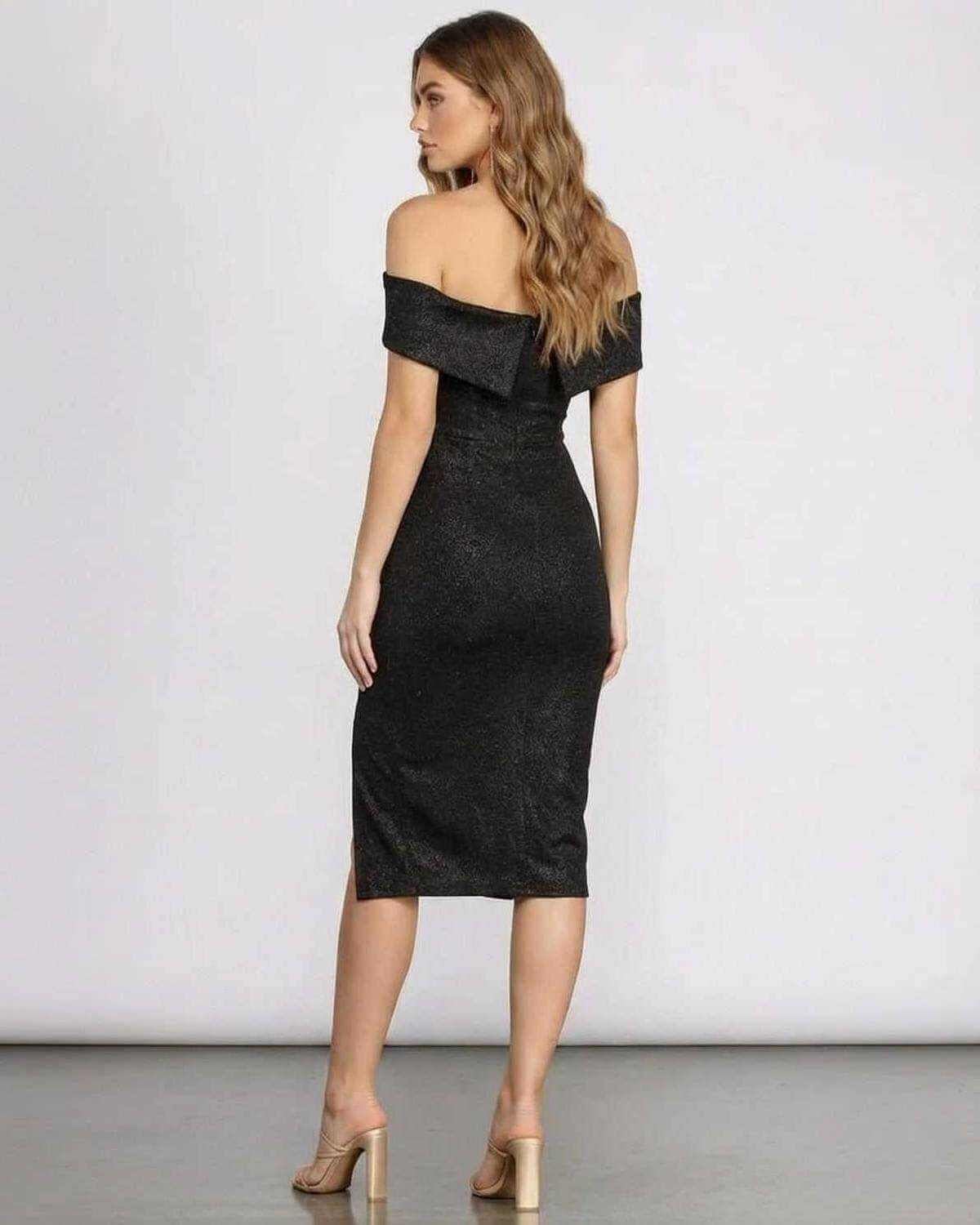 Noirelle Midi Dress by SLIMONA - Off shoulder black glitter midi dress showcasing elegant back style.