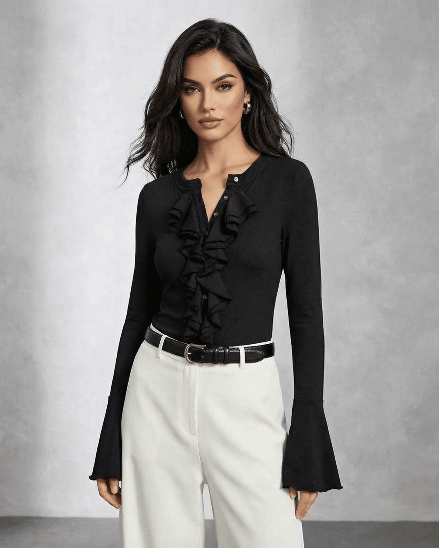Nova Blouse by SLIMONA with elegant ruffle detail and flare sleeves, perfect for sophisticated looks.