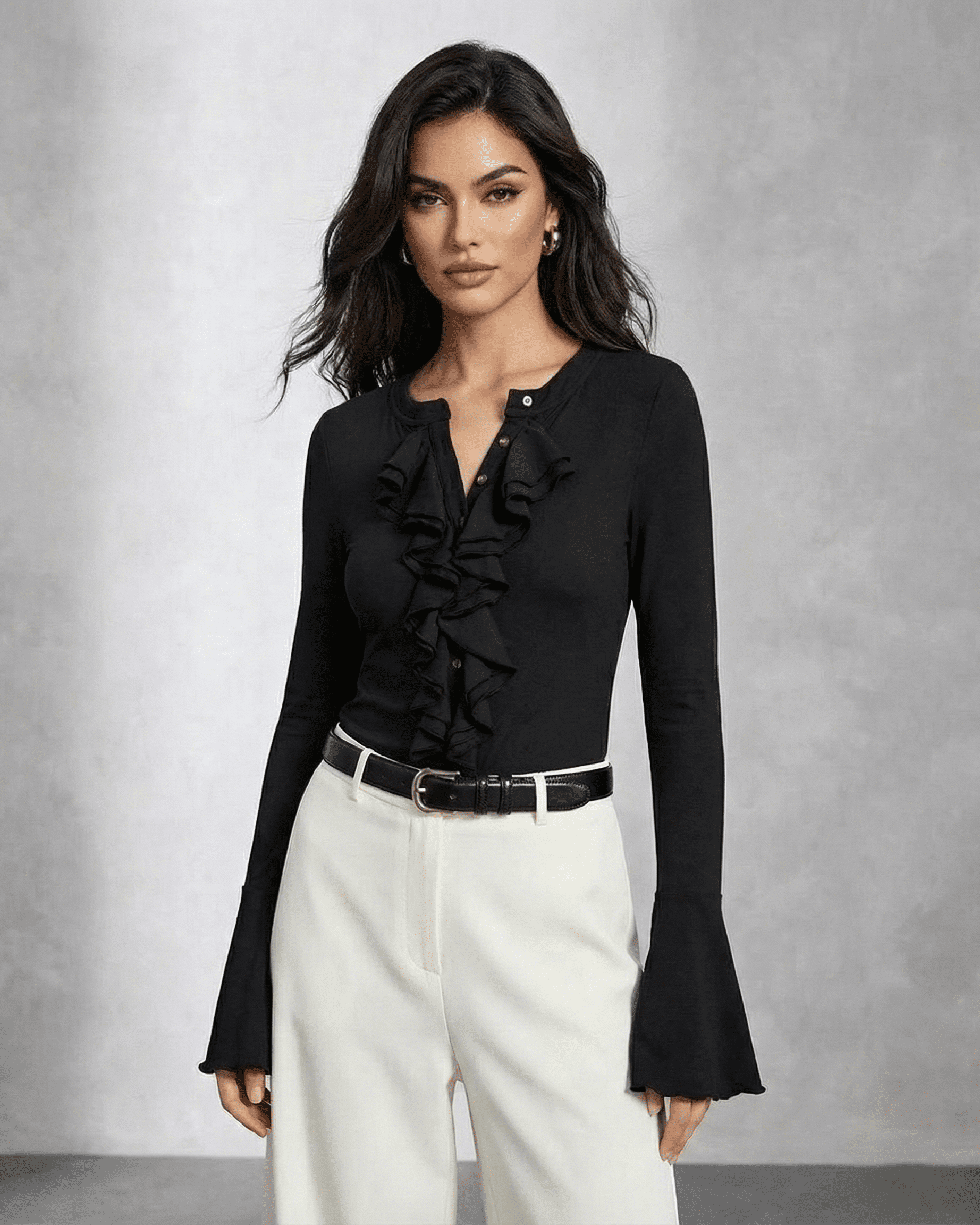Nova Blouse by SLIMONA with elegant ruffle detail and flare sleeves, perfect for sophisticated looks.