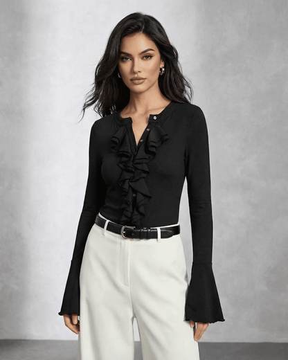Nova Blouse by SLIMONA with elegant ruffle detail and flare sleeves, perfect for sophisticated looks.