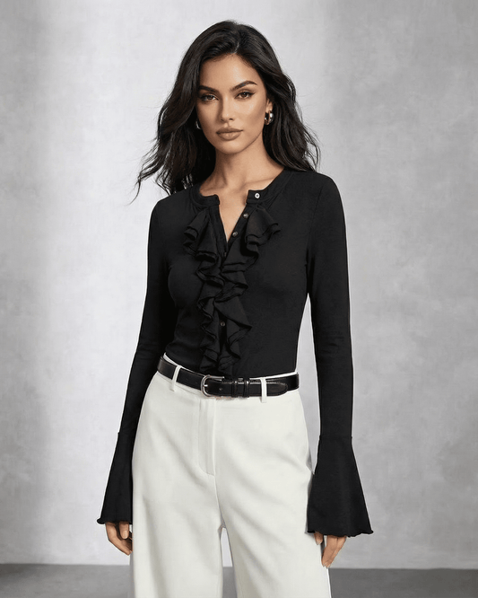 Nova Blouse by SLIMONA with elegant ruffle detail and flare sleeves, perfect for sophisticated looks.