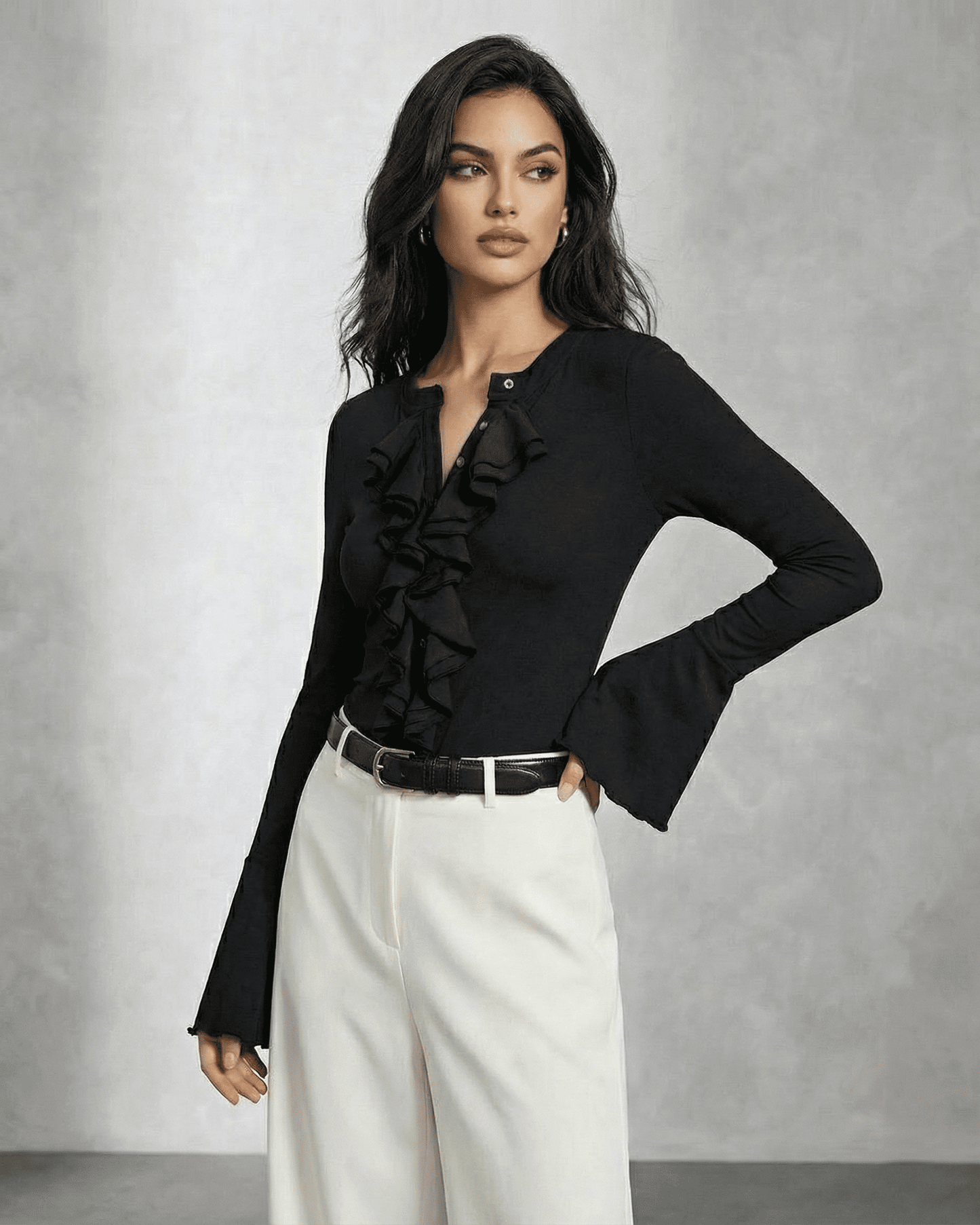 Nova Blouse by SLIMONA featuring elegant ruffle detail and flare sleeves, perfect for a chic wardrobe update.