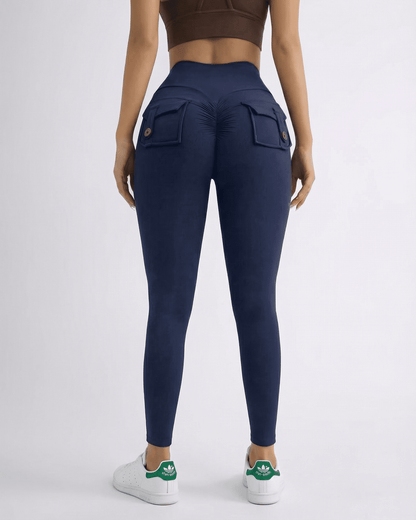 Nova Leggings by SLIMONA featuring a high-waist design and stylish back pockets in a flattering navy color.