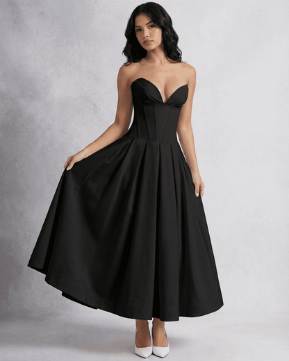 Nova Midi Dress by SLIMONA - Luxurious strapless corset A-line dress in black, perfect for formal events.