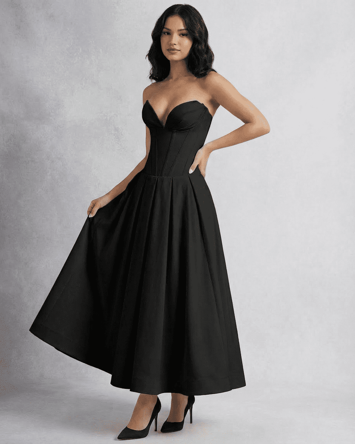 Sleek Nova Midi Dress by SLIMONA, a strapless A-line dress with a corset bodice, perfect for elegant events.