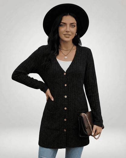 Nyx Cardigan by SLIMONA, showcasing a chic longline silhouette and button-front design, perfect for everyday style.