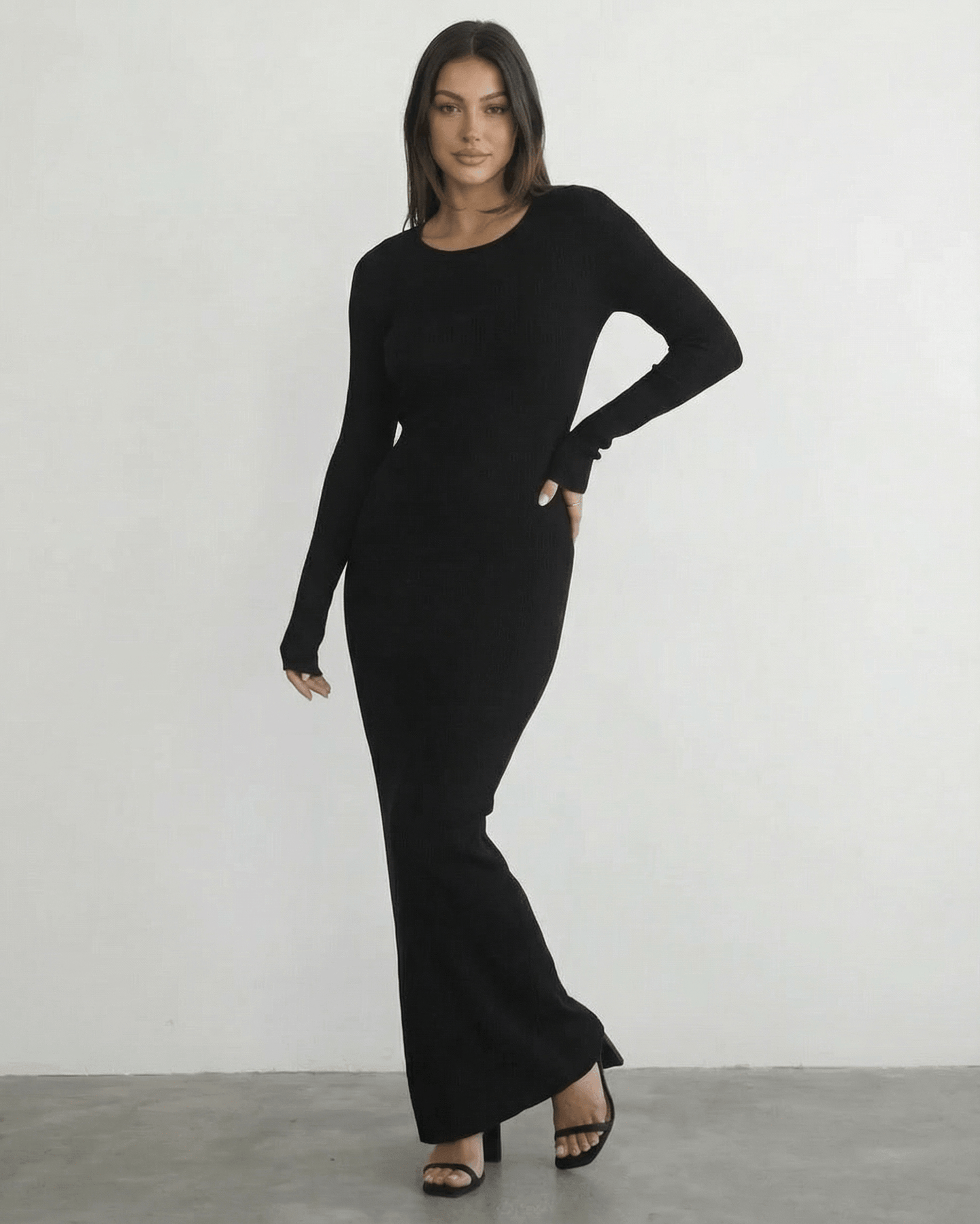 Nyx Maxi Dress by Lauven - Long sleeve black maxi dress with open back detail and sleek pencil silhouette.