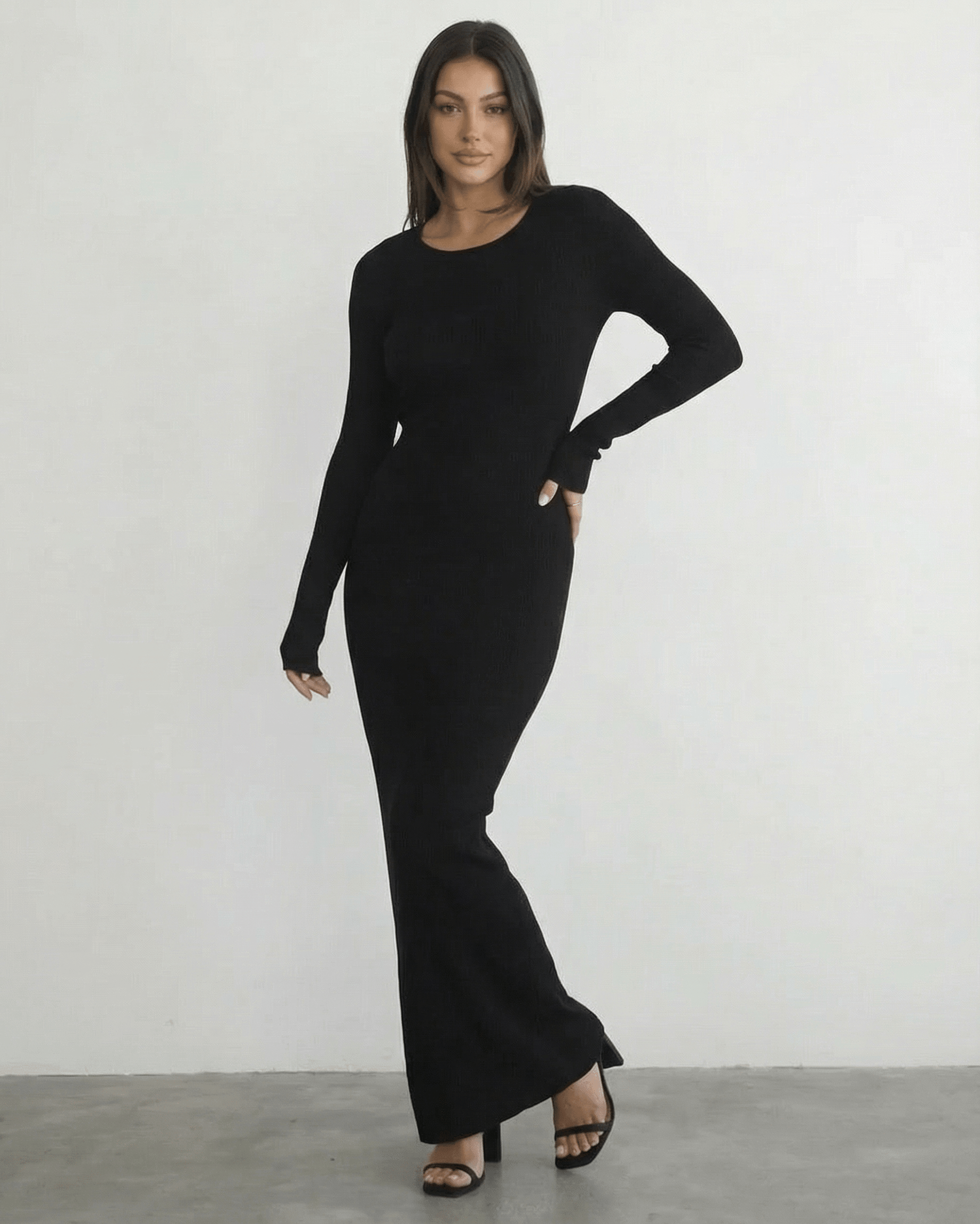 Nyx Maxi Dress by Lauven - Long sleeve black maxi dress with open back detail and sleek pencil silhouette.