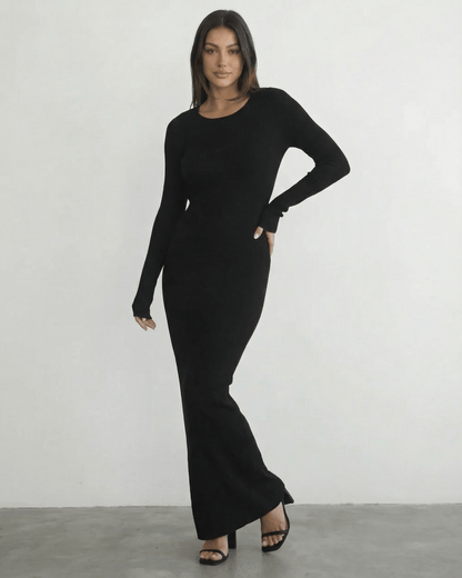 Nyx Maxi Dress by Lauven - Long sleeve black maxi dress with open back detail and sleek pencil silhouette.