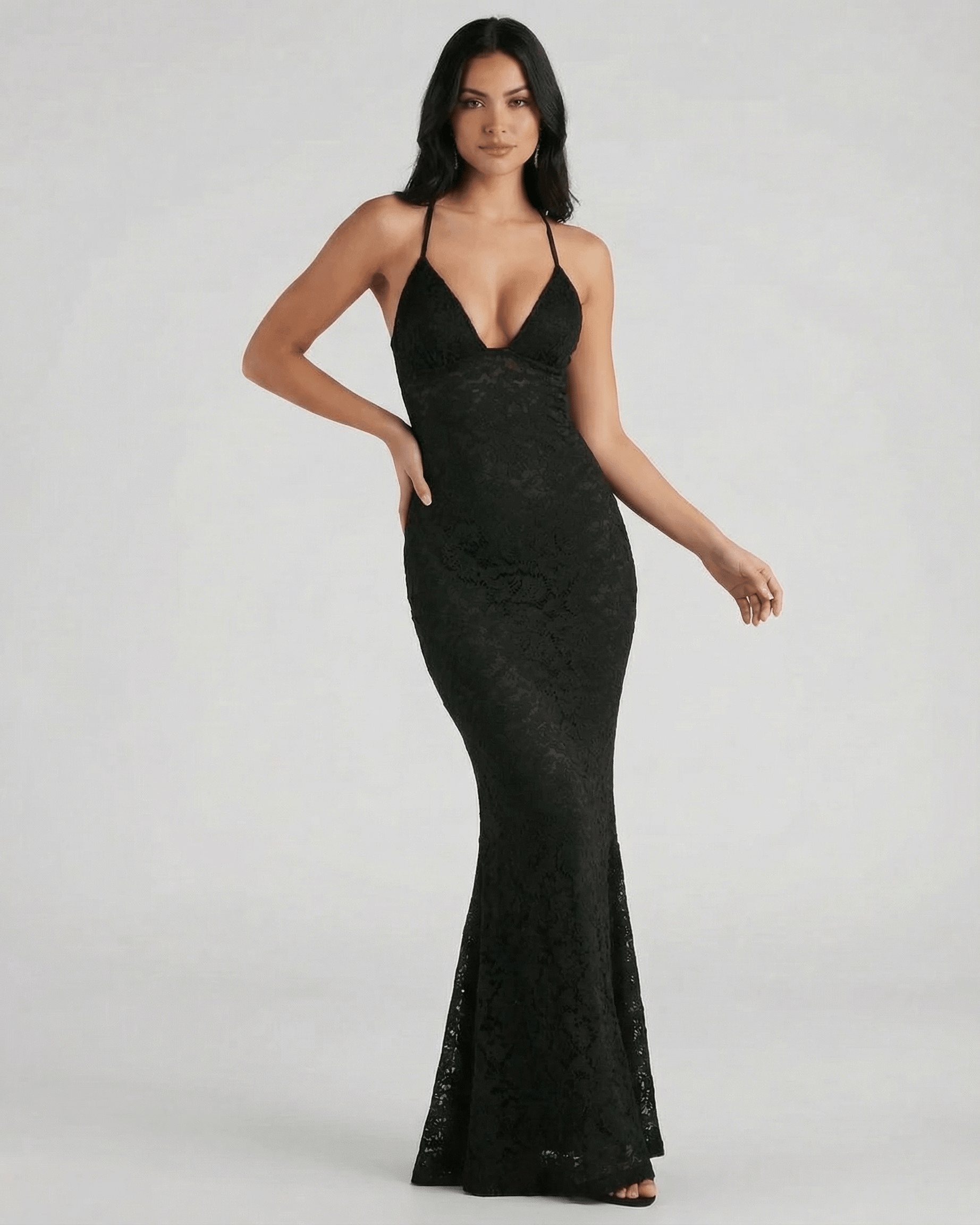 Nyx Maxi Dress by Lauven featuring lace V-neck, trumpet silhouette, and ankle-length in elegant black.