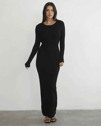 Nyx Maxi Dress by Lauven featuring a long sleeve black design and sleek pencil silhouette.
