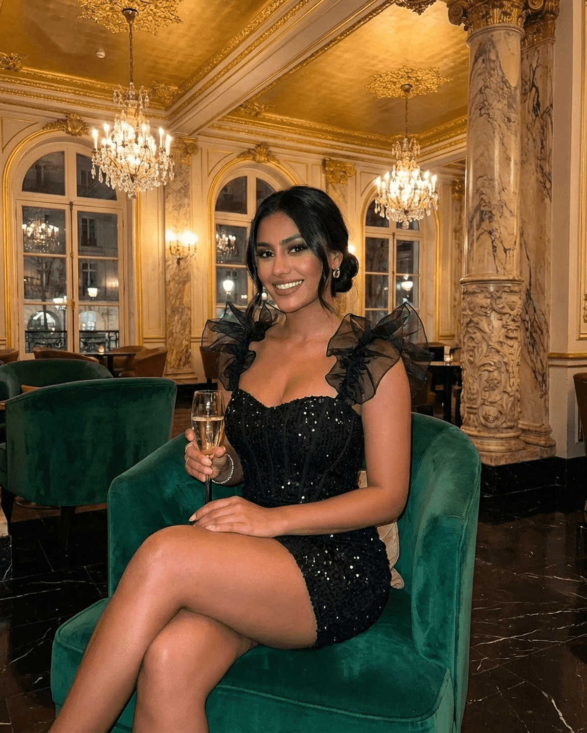 Obsidian Mini Dress by SLIMONA - Black sequin off-the-shoulder bodycon with ruffle sleeves worn in luxurious setting.