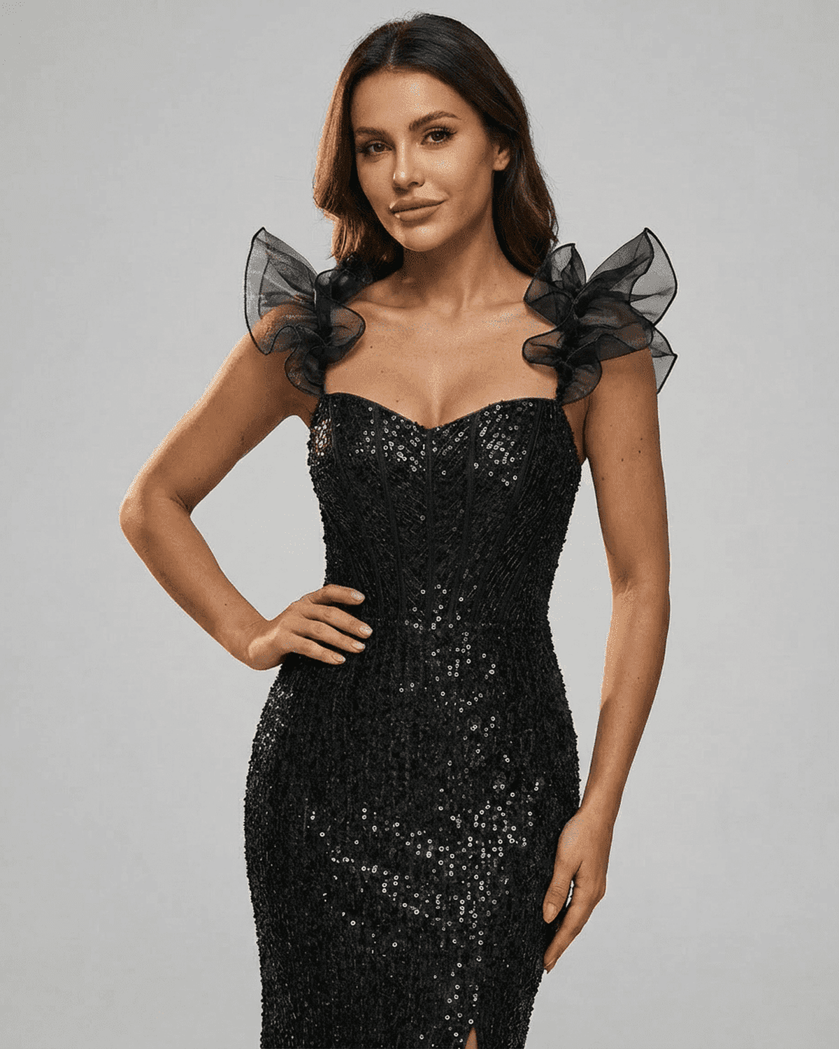 Obsidian Mini Dress by SLIMONA - Black sequin off-the-shoulder bodycon dress with ruffle sleeves.
