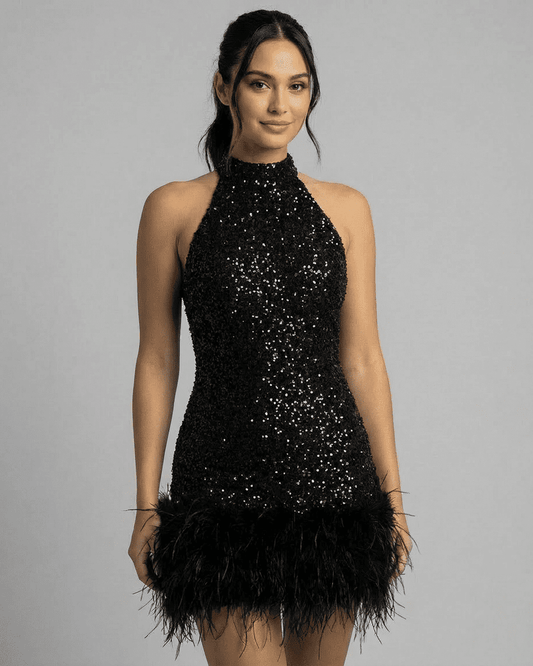 Onyx Mini Dress by SLIMONA - Black Sequin Halter Bodycon Dress with Fuzzy Hem, perfect for a chic night out.