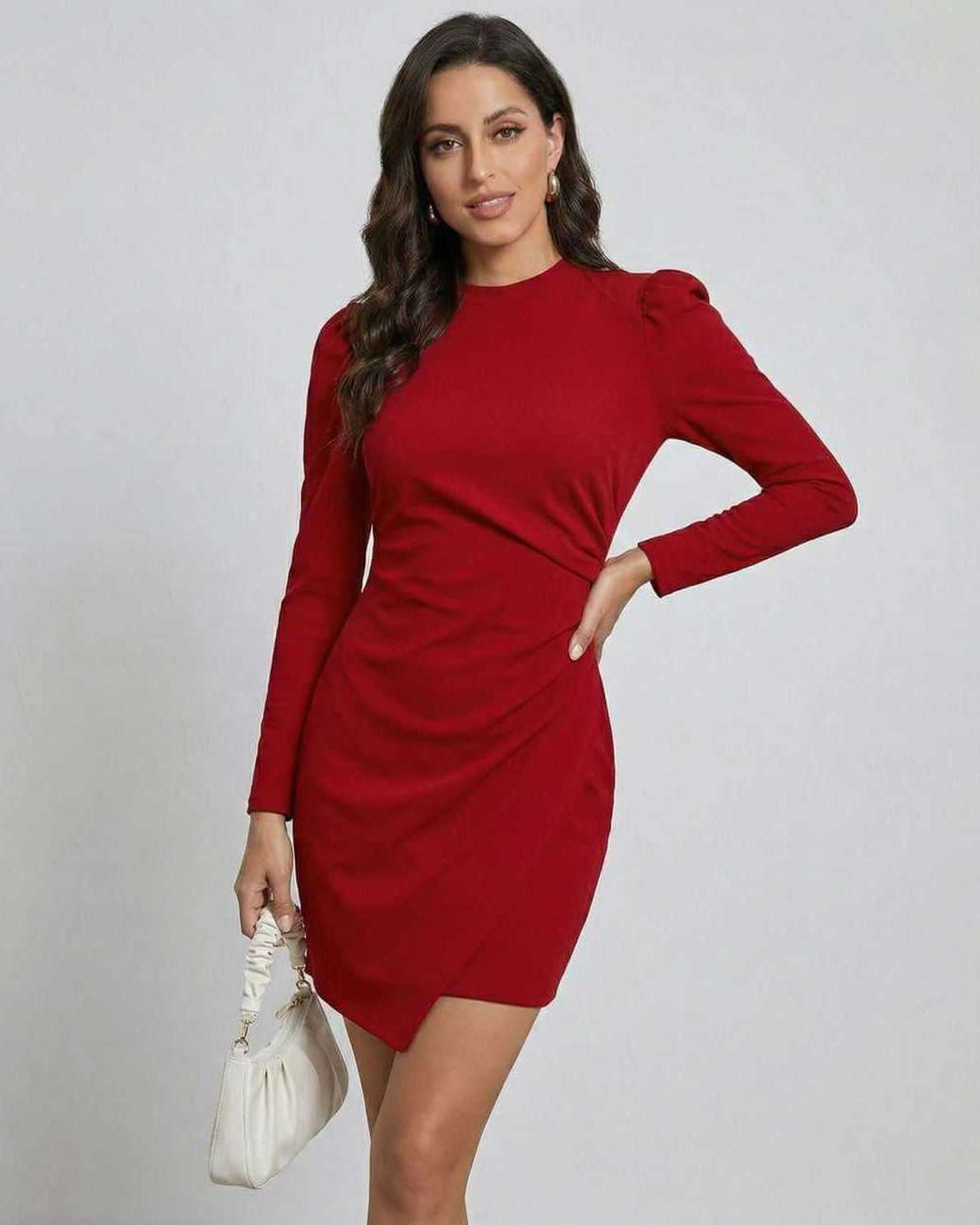 Orchid Mini Dress by Lauven in elegant red with A-line silhouette and long sleeves.
