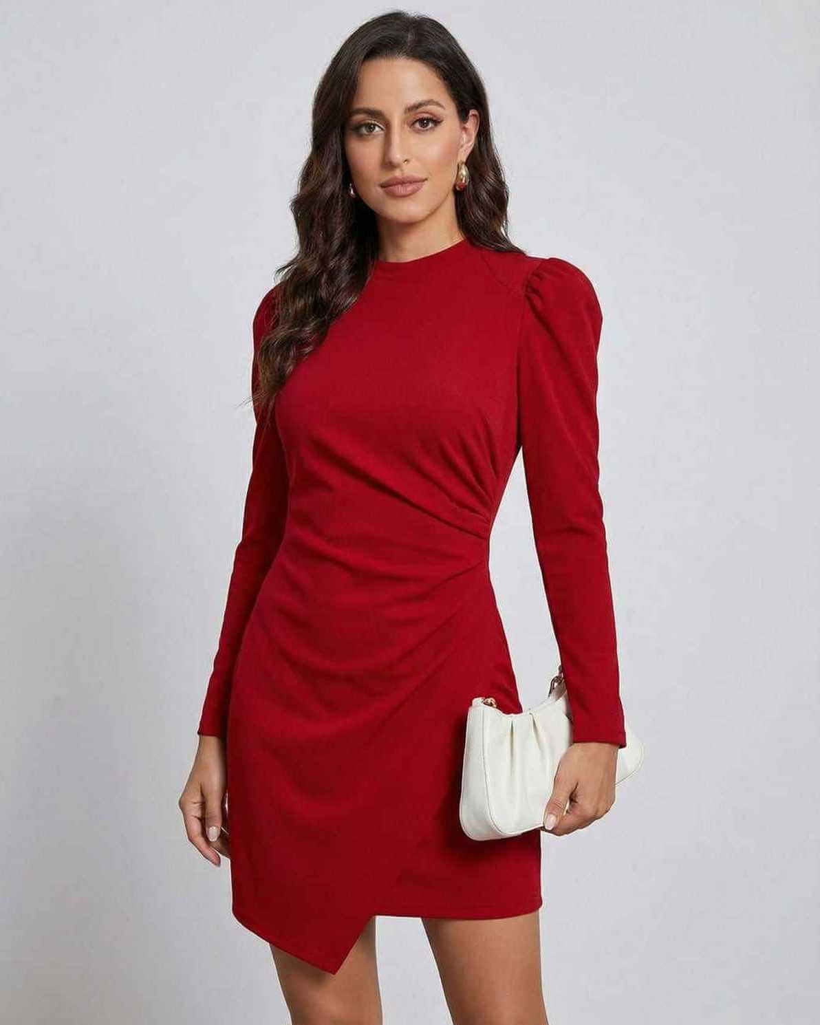 Orchid Mini Dress by Lauven in elegant red with A-line silhouette and long sleeves, perfect for stylish occasions.