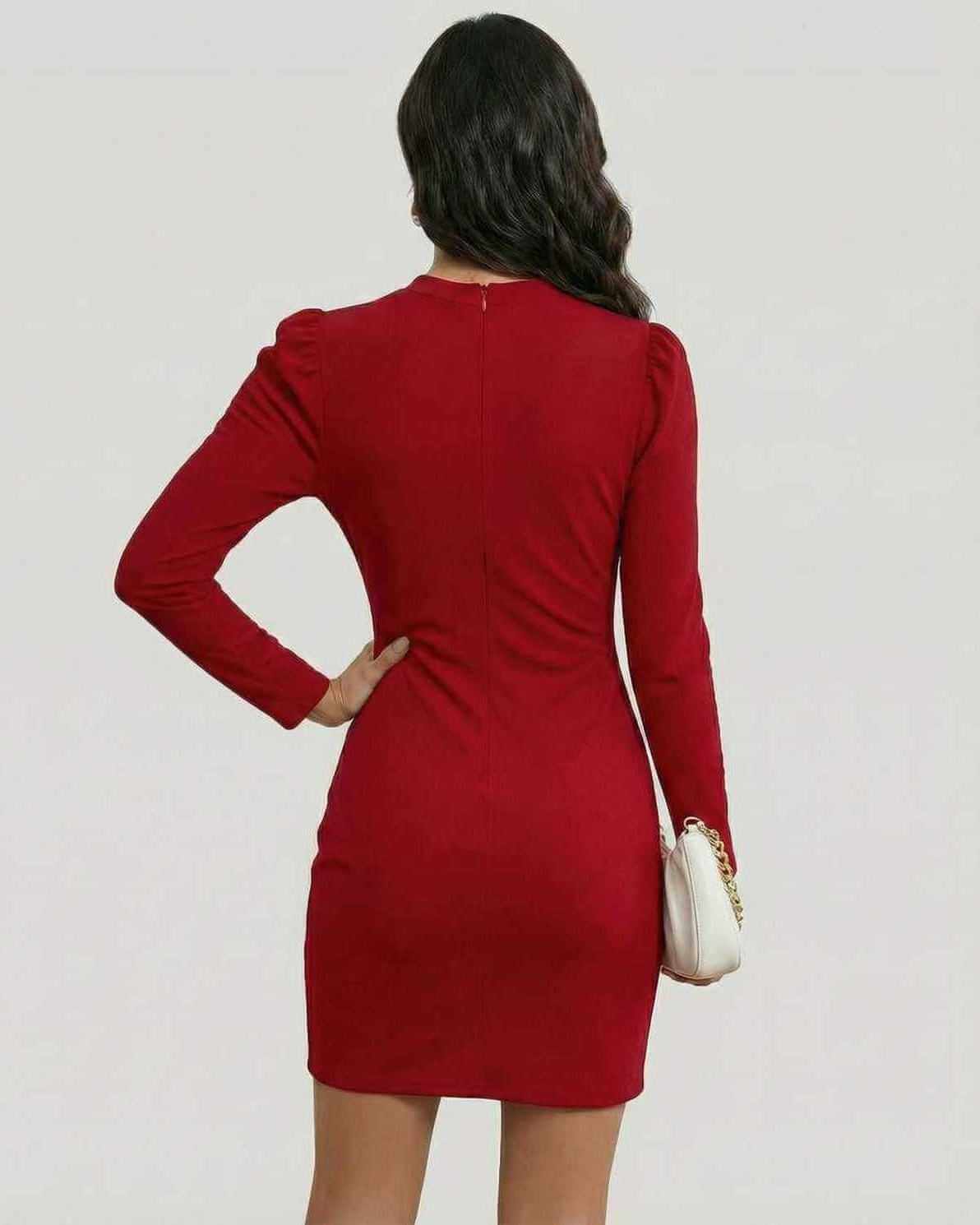 Orchid Mini Dress by Lauven in Elegant Red, showcasing an A-Line silhouette and long sleeves from the back view.