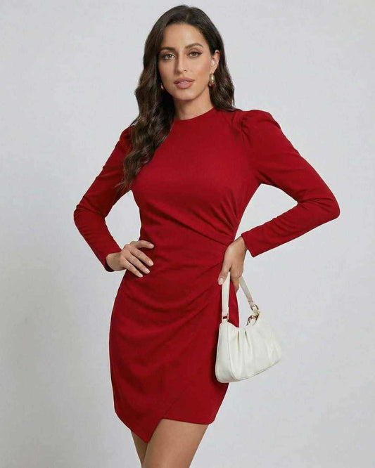 Orchid Mini Dress from Lauven in elegant red with A-line silhouette and long sleeves for a modern look.