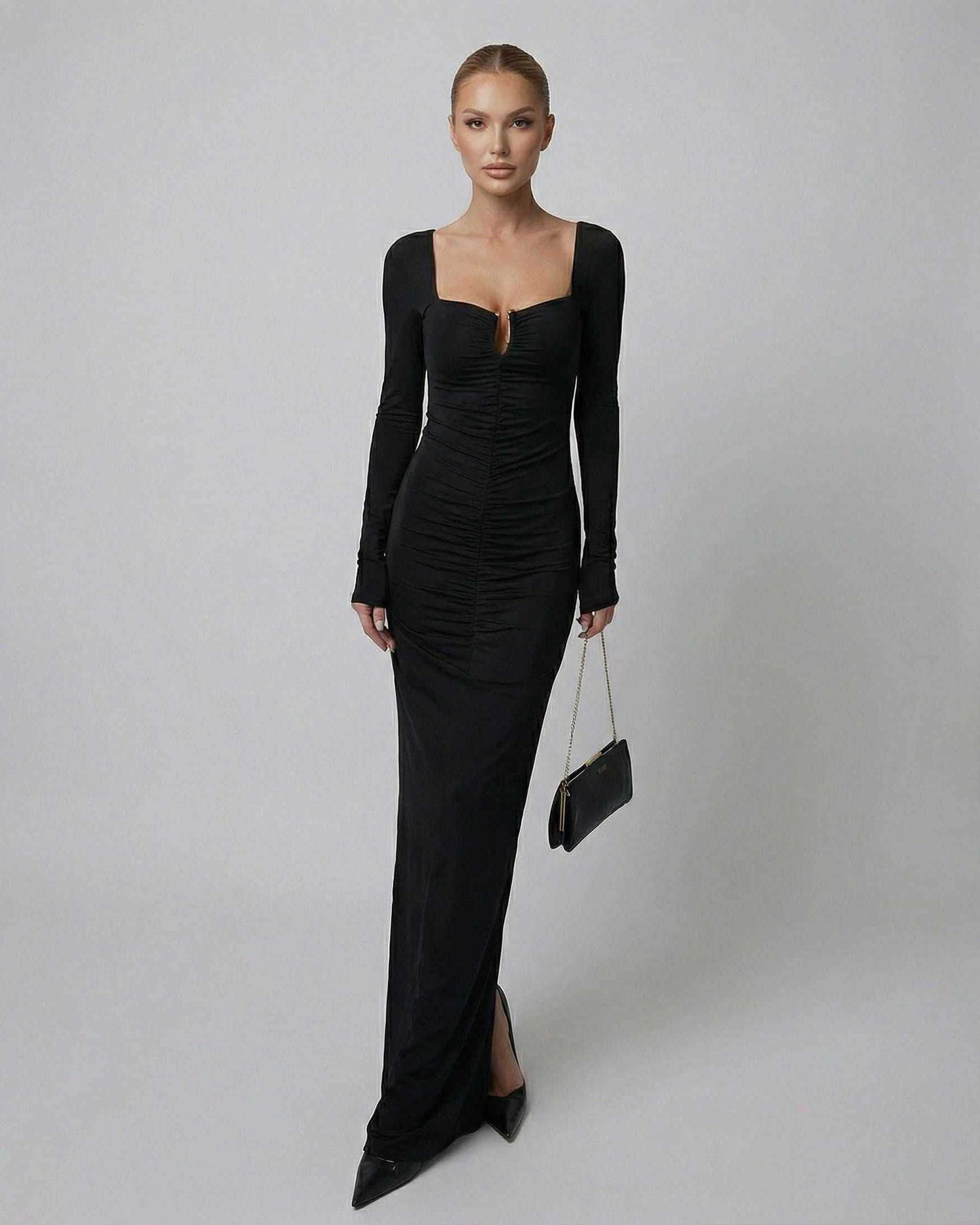 Orion Maxi Dress by SLIMONA, long sleeve black dress with high-waist silhouette and sculpted fit.