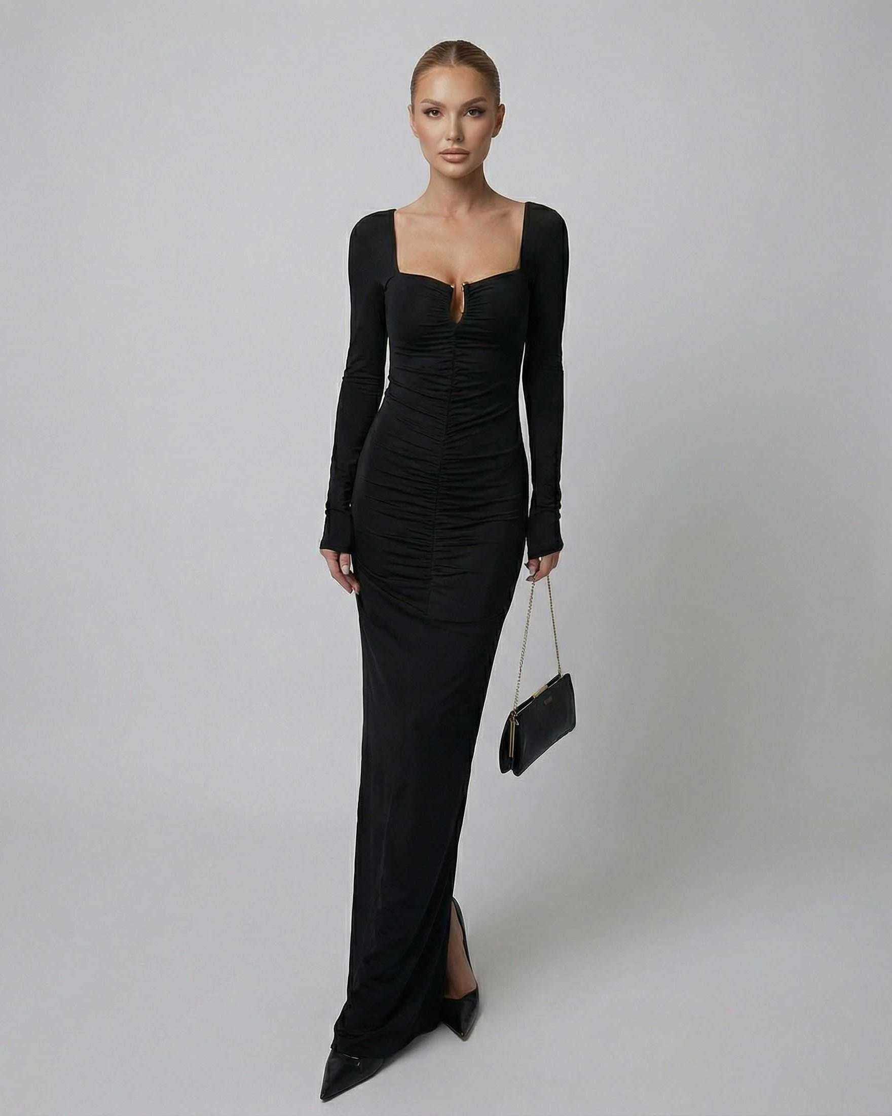 Orion Maxi Dress by SLIMONA, long sleeve black dress with high-waist silhouette and sculpted fit.