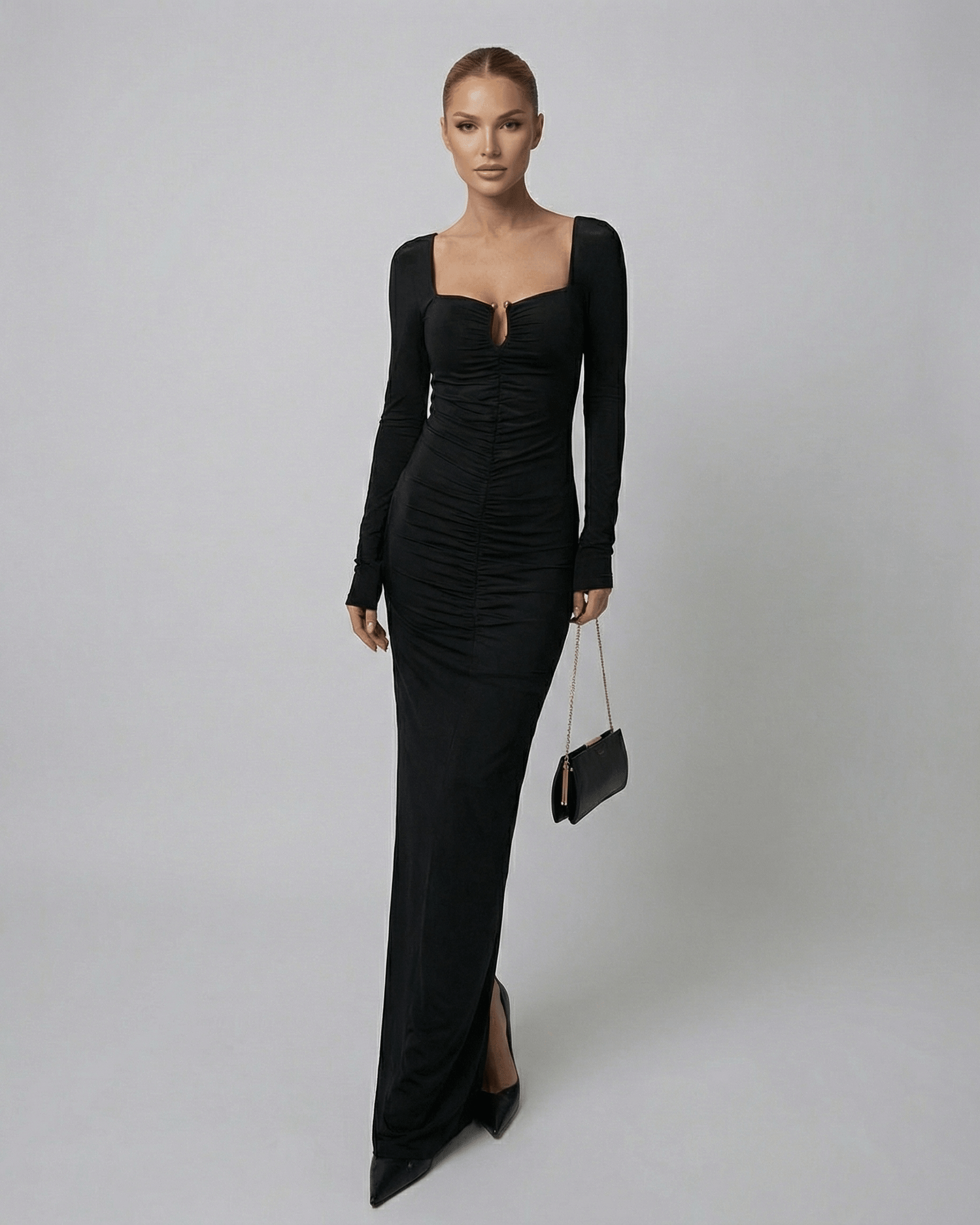 SLIMONA Orion Maxi Dress - Long Sleeve Square Neck Black Dress with High-Waist Silhouette